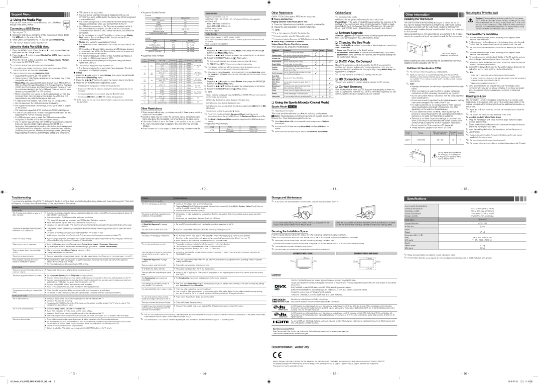 Samsung UA32K4000ARXUM manual Support Menu, Other Information, Specifications 