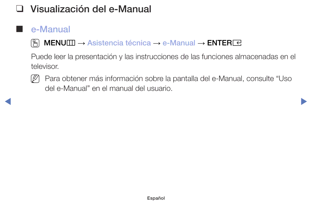 Samsung UA32K4070DSXMV manual Visualización del e-Manual, OO MENUm → Asistencia técnica → e-Manual → Entere 