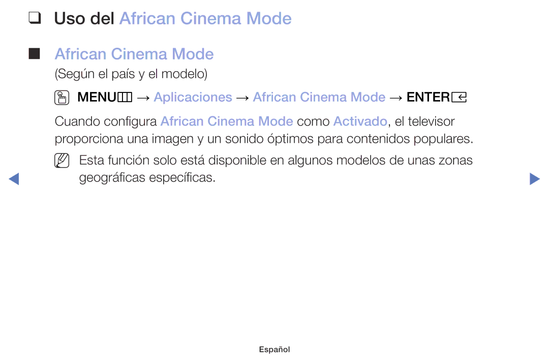 Samsung UA32K4070DSXMV manual OO MENUm → Aplicaciones → African Cinema Mode → Entere 