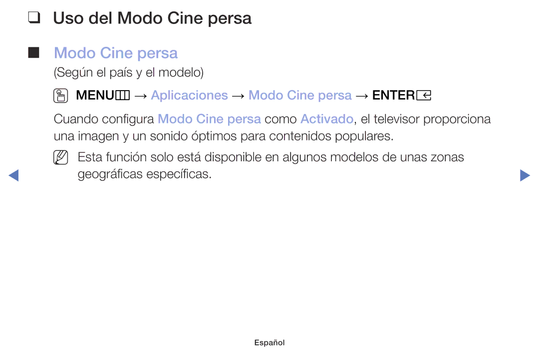Samsung UA32K4070DSXMV manual Uso del Modo Cine persa, OO MENUm → Aplicaciones → Modo Cine persa → Entere 
