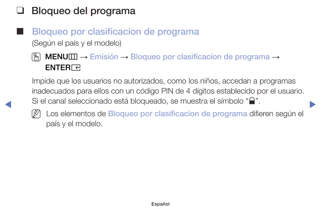 Samsung UA32K4070DSXMV manual Bloqueo del programa, Bloqueo por clasificacion de programa 