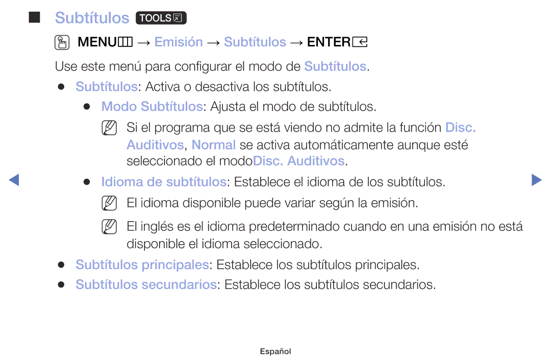 Samsung UA32K4070DSXMV manual Subtítulos t, OO MENUm → Emisión → Subtítulos → Entere 