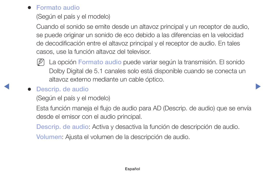 Samsung UA32K4070DSXMV manual Formato audio, Descrip. de audio 