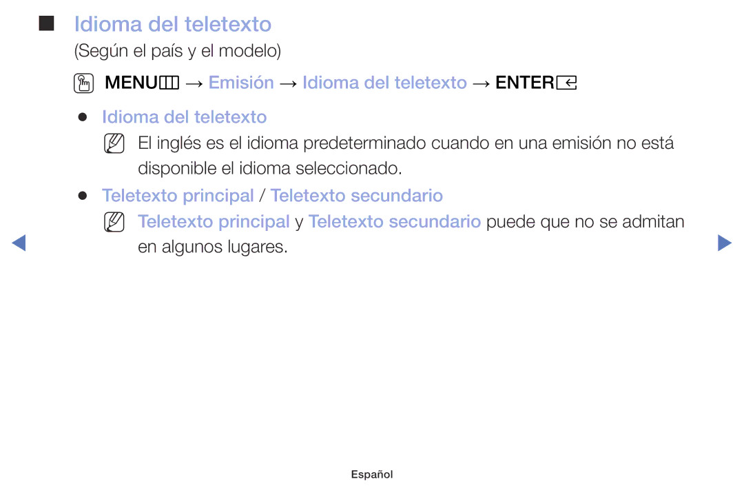 Samsung UA32K4070DSXMV manual OO MENUm → Emisión → Idioma del teletexto → Entere 