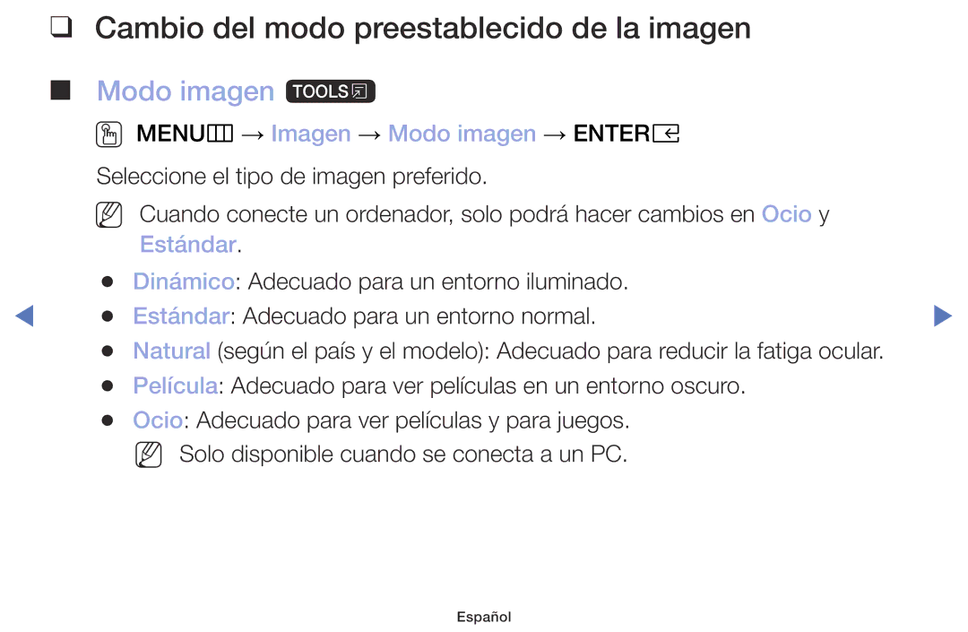 Samsung UA32K4070DSXMV Cambio del modo preestablecido de la imagen, OO MENUm → Imagen → Modo imagen → Entere, Estándar 