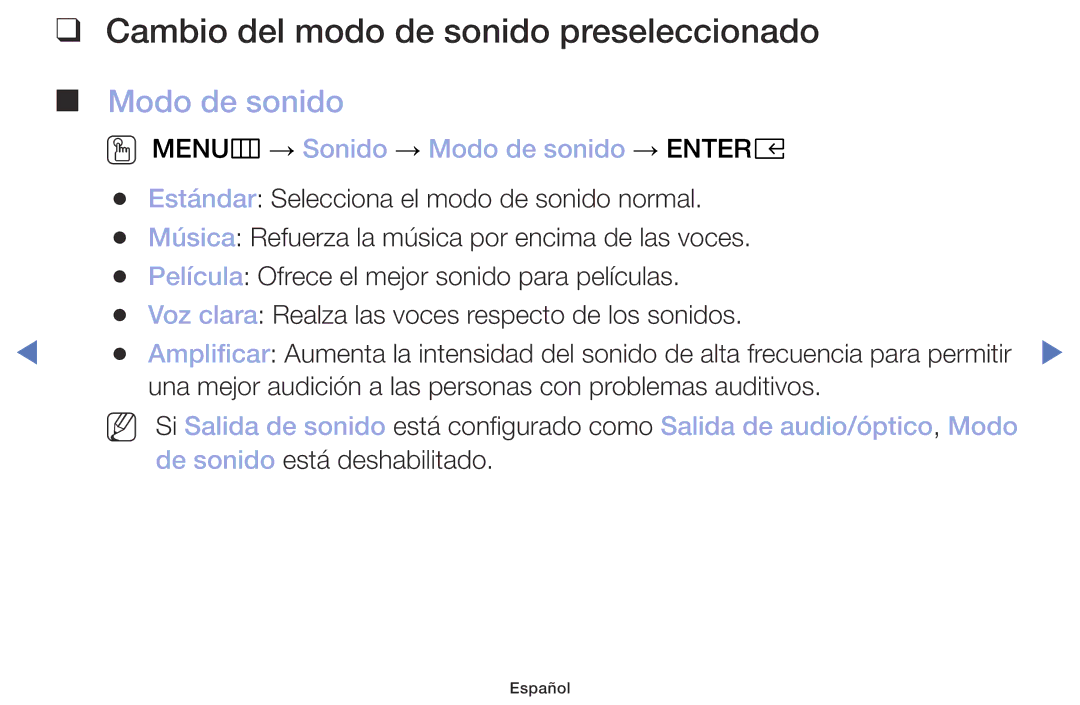 Samsung UA32K4070DSXMV manual Cambio del modo de sonido preseleccionado, Modo de sonido 