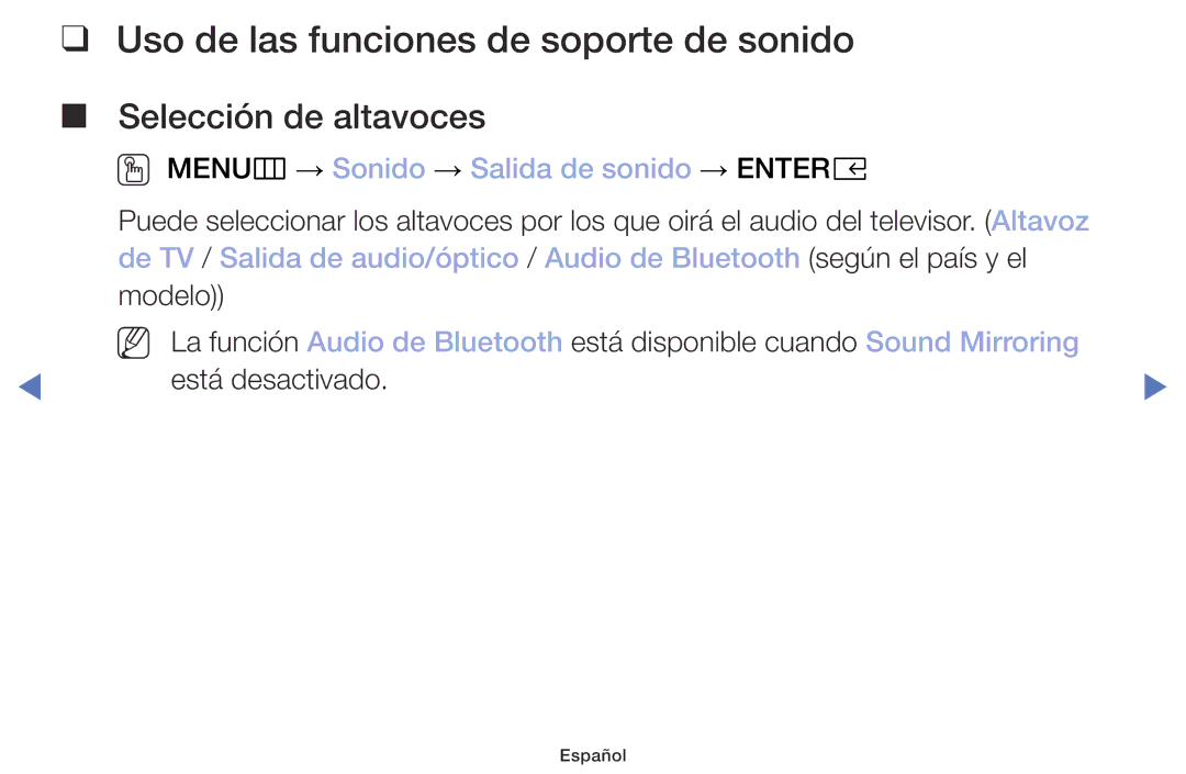 Samsung UA32K4070DSXMV manual Uso de las funciones de soporte de sonido, OO MENUm → Sonido → Salida de sonido → Entere 