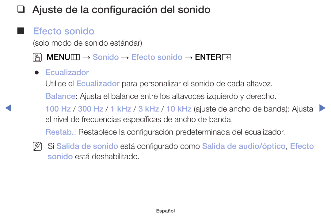 Samsung UA32K4070DSXMV manual Ajuste de la configuración del sonido, Efecto sonido 