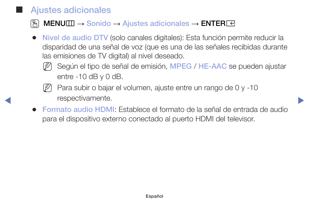 Samsung UA32K4070DSXMV manual OO MENUm → Sonido → Ajustes adicionales → Entere 