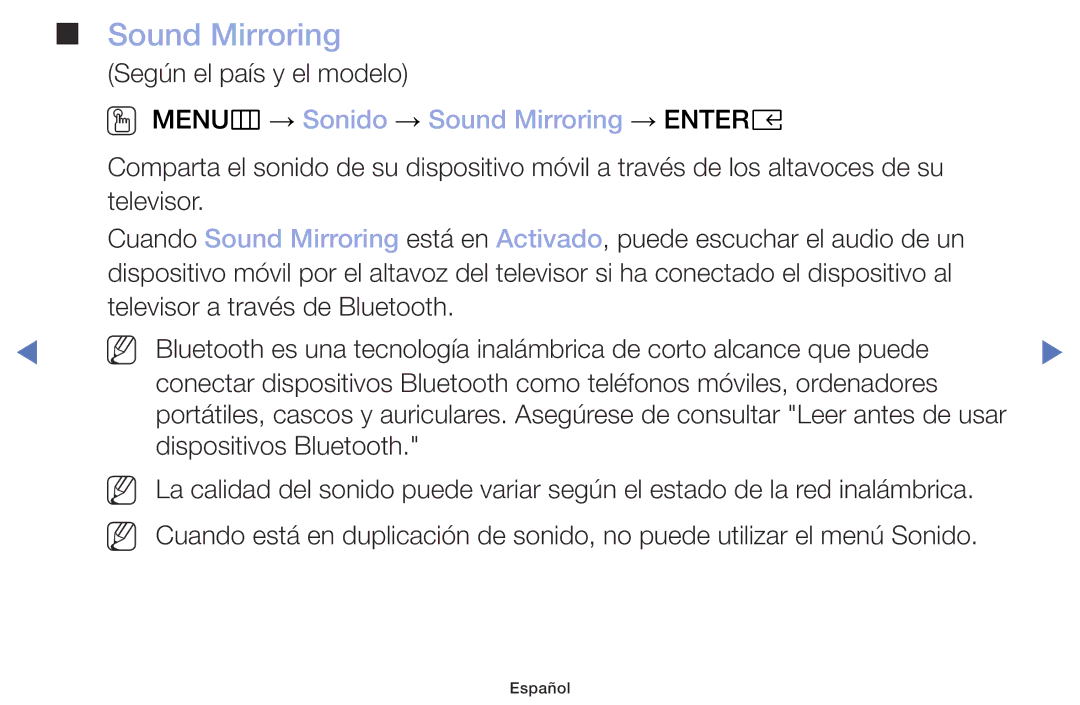 Samsung UA32K4070DSXMV manual OO MENUm → Sonido → Sound Mirroring → Entere 