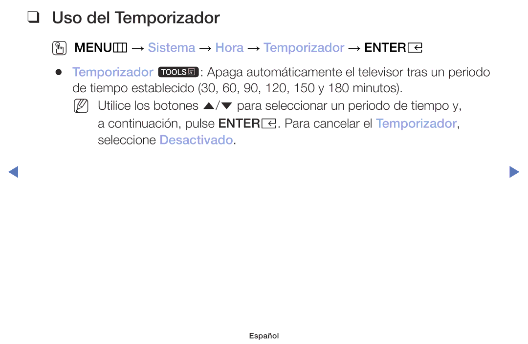 Samsung UA32K4070DSXMV manual Uso del Temporizador, OO MENUm → Sistema → Hora → Temporizador → Entere 