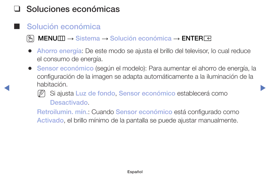 Samsung UA32K4070DSXMV manual Soluciones económicas, OO MENUm → Sistema → Solución económica → Entere 