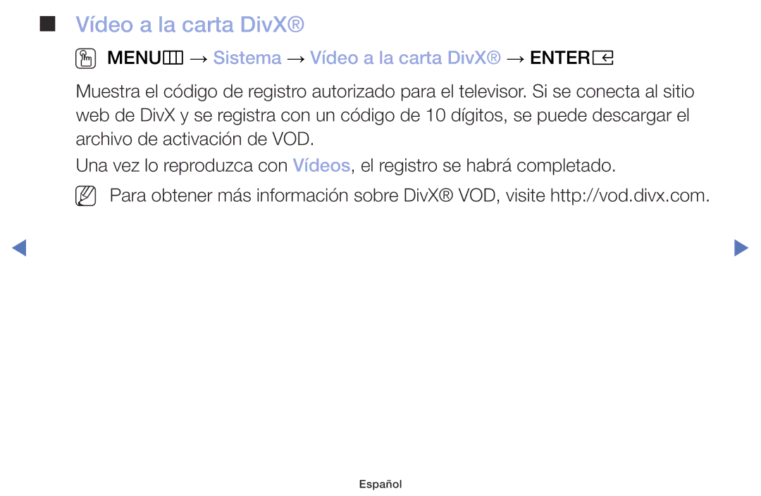 Samsung UA32K4070DSXMV manual OO MENUm → Sistema → Vídeo a la carta DivX → Entere 