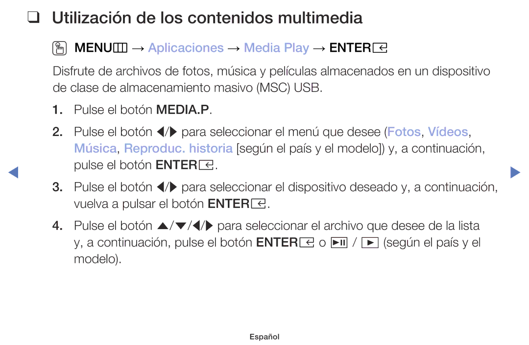 Samsung UA32K4070DSXMV manual Utilización de los contenidos multimedia, OO MENUm → Aplicaciones → Media Play → Entere 