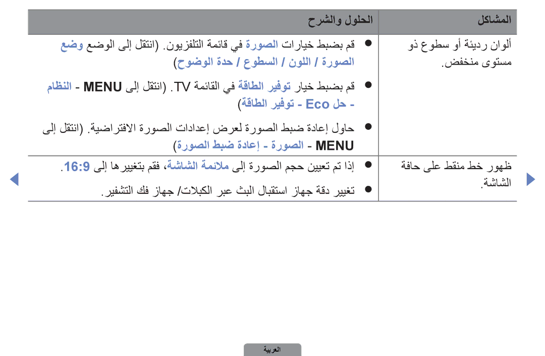 Samsung UA46D5000PRSEC, UA37D5000PRXRQ manual حوضولا ةدح / عوطسلا / نوللا / ةروصلا, ضفخنم ىوتسم, ةقاطلا ريفوت Eco لح 