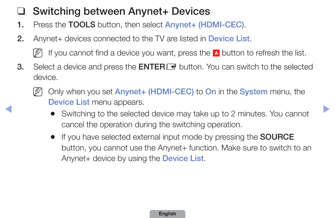 Samsung UA32D4010NXXT, UA37D5000PRXRQ, UA37D5000PRXUM, UA46D5500RRCXA, UA46D5500RRXZN manual Switching between Anynet+ Devices 