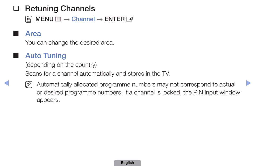 Samsung UA40D5000PRSEC, UA37D5000PRXRQ, UA37D5000PRXUM, UA46D5500RRCXA, UA46D5500RRXZN Retuning Channels, Area, Auto Tuning 