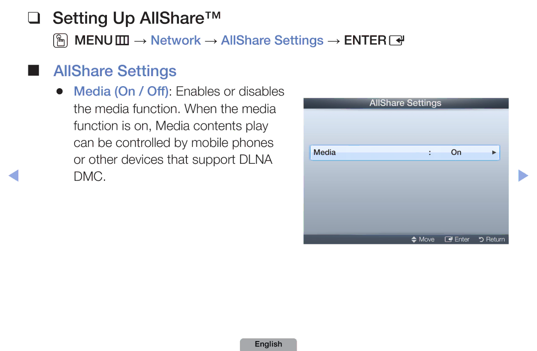 Samsung UA40D5000PRXSJ, UA37D5000PRXRQ, UA37D5000PRXUM, UA46D5500RRCXA, UA46D5500RRXZN, UA32D4000NXTW Setting Up AllShare, Dmc 