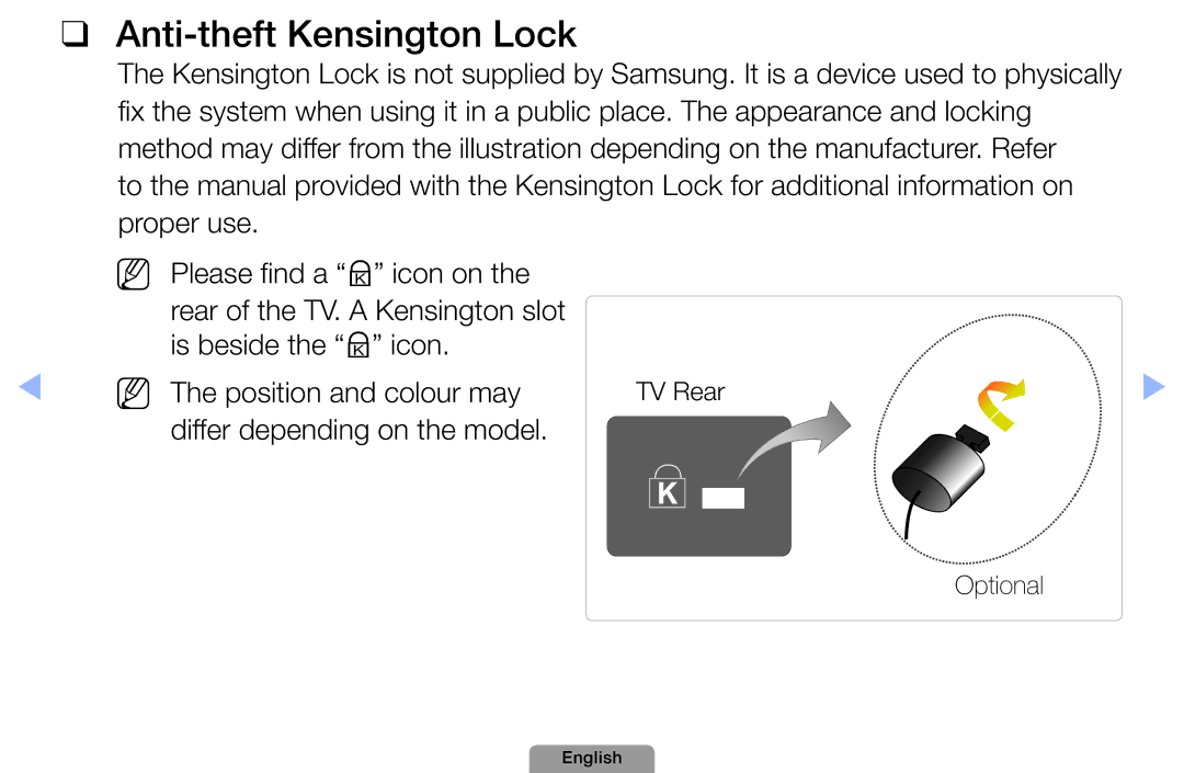 Samsung UA40D5000PRSEC, UA37D5000PRXRQ, UA37D5000PRXUM manual Anti-theft Kensington Lock, Differ depending on the model 