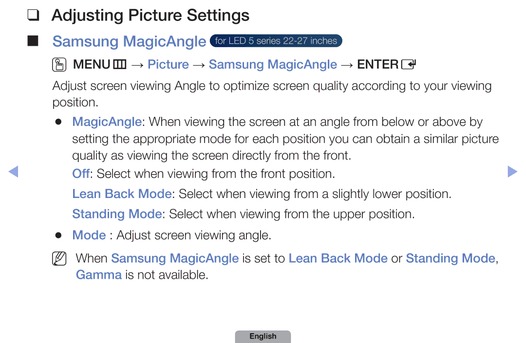 Samsung UA22D5000NRXZN, UA37D5000PRXRQ manual Adjusting Picture Settings, OOMENUm → Picture → Samsung MagicAngle → Entere 
