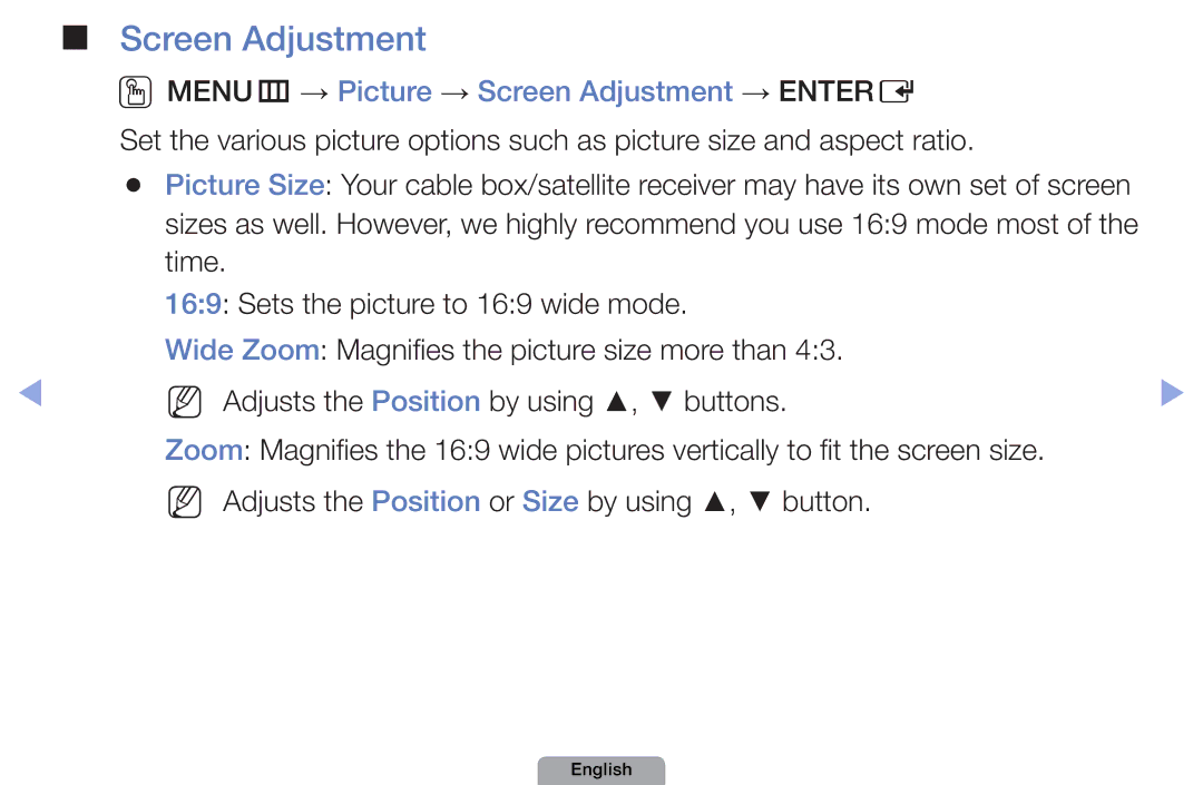 Samsung UA46D5000PRXSJ, UA37D5000PRXRQ, UA37D5000PRXUM, UA46D5500RRCXA OOMENUm → Picture → Screen Adjustment → Entere 