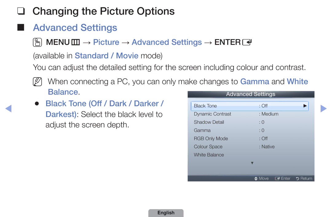 Samsung UA46D5500RRXUM manual Changing the Picture Options, OOMENUm → Picture → Advanced Settings → Entere, Balance 