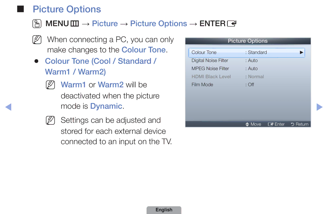 Samsung UA46D5500RRXRQ manual OOMENUm → Picture → Picture Options → Entere, Colour Tone Cool / Standard, Warm1 / Warm2 