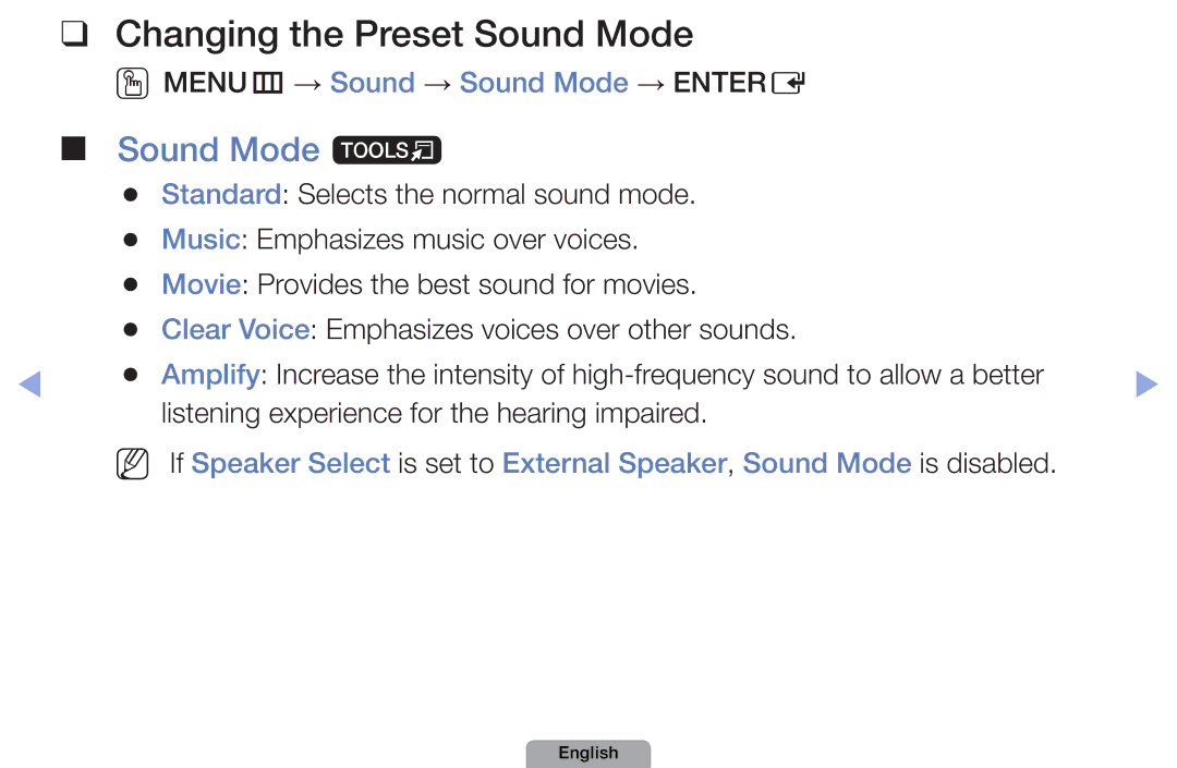 Samsung UA40D5000PRSAS, UA37D5000PRXRQ Changing the Preset Sound Mode, Sound Mode t, OOMENUm → Sound → Sound Mode → Entere 