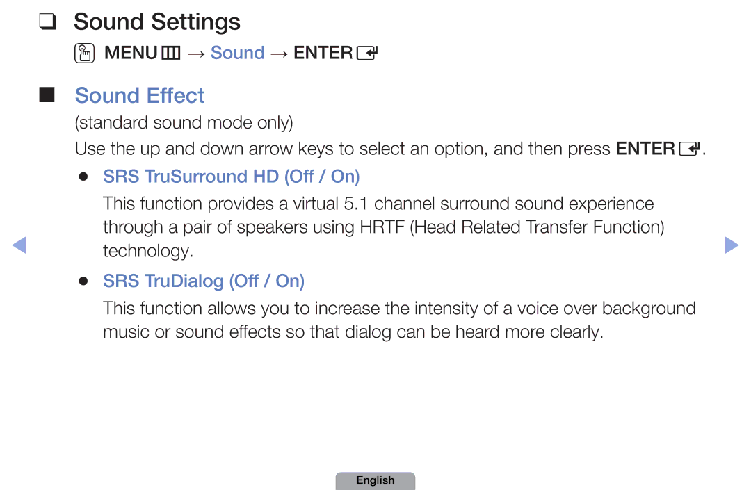 Samsung UA32D5000PRXSJ, UA37D5000PRXRQ Sound Settings, Sound Effect, OOMENUm → Sound → Entere, SRS TruSurround HD Off / On 