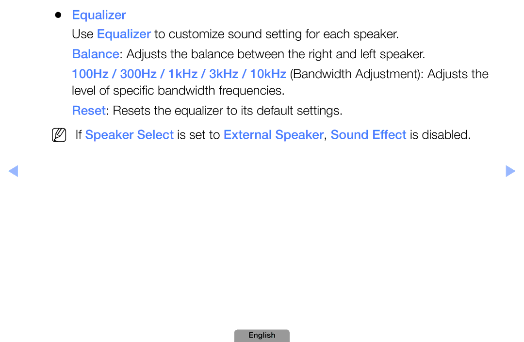 Samsung UA22D5000NRCXA, UA37D5000PRXRQ, UA37D5000PRXUM manual Equalizer, Reset Resets the equalizer to its default settings 