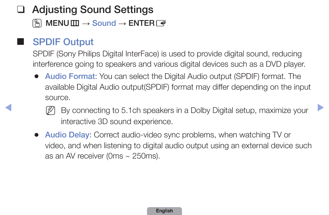 Samsung UA22D5000NRXSJ, UA37D5000PRXRQ Adjusting Sound Settings, Spdif Output, Source, Interactive 3D sound experience 