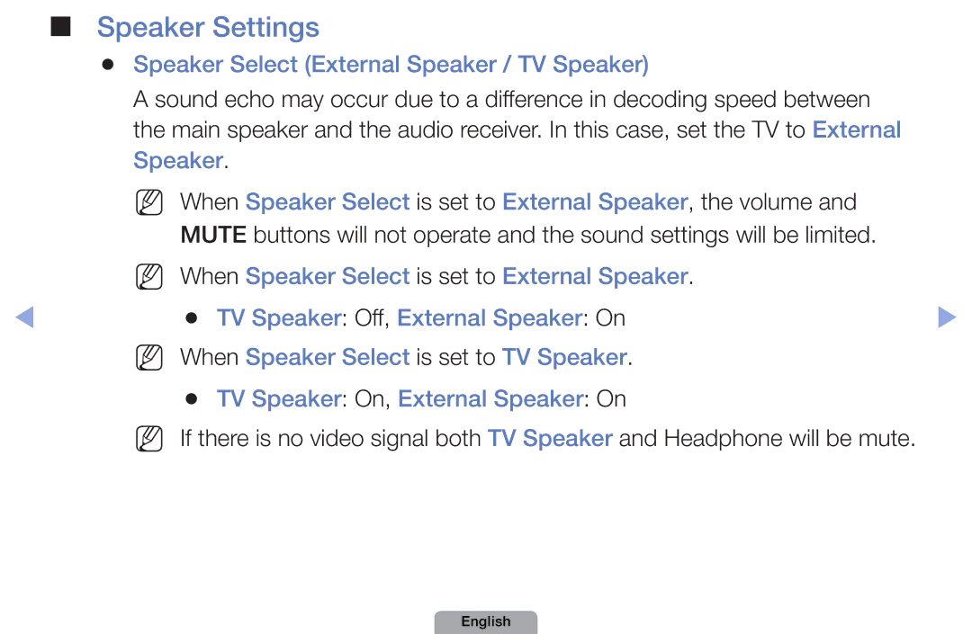 Samsung UA27D5000NRCXA, UA37D5000PRXRQ, UA37D5000PRXUM manual Speaker Settings, Speaker Select External Speaker / TV Speaker 