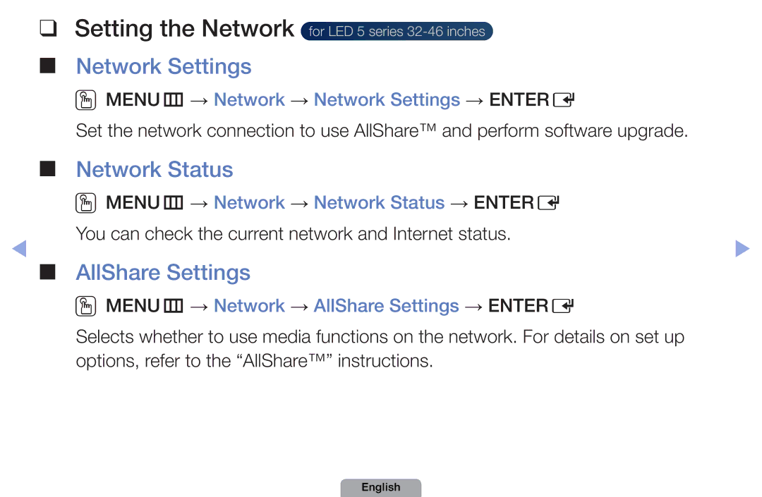 Samsung UA37D5000PRSEC, UA37D5000PRXRQ manual Setting the Network, Network Settings, Network Status, AllShare Settings 