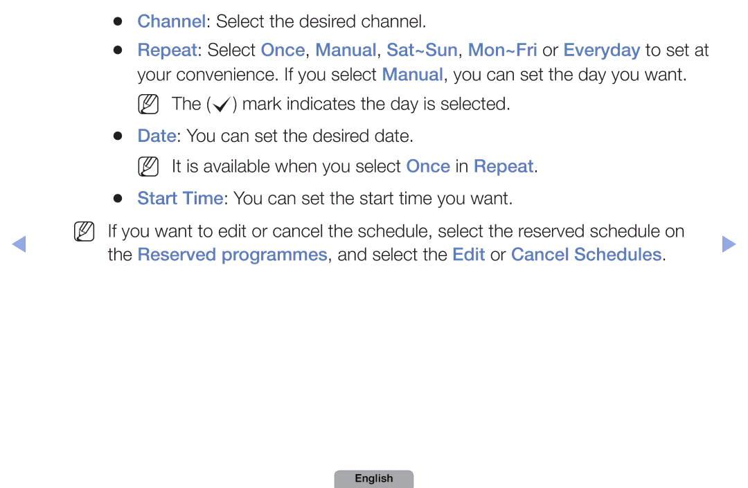 Samsung UA40D5030PRXZN Channel Select the desired channel, Reserved programmes, and select the Edit or Cancel Schedules 