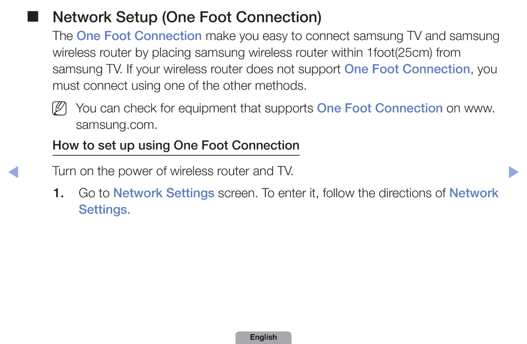 Samsung UA37D5000PRXUM, UA37D5000PRXRQ, UA46D5500RRCXA, UA46D5500RRXZN, UA32D4000NXTW manual Network Setup One Foot Connection 