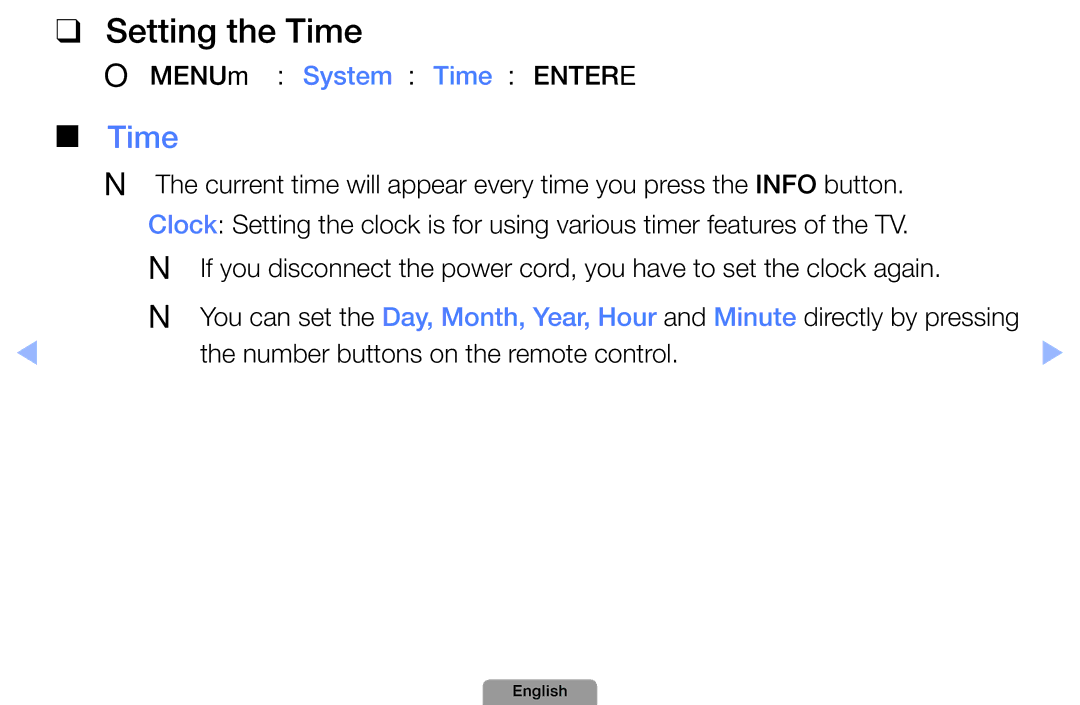 Samsung UA40D5000PRXSJ manual Setting the Time, OOMENUm → System → Time → Entere, Number buttons on the remote control 