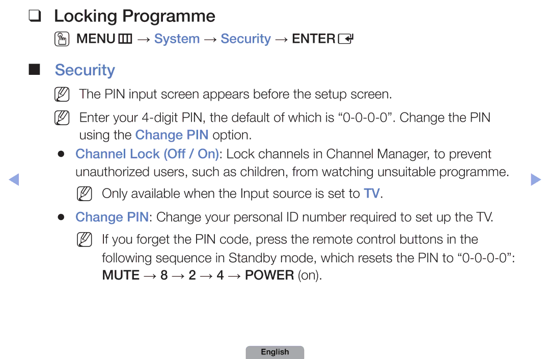 Samsung UA40D5000PRCXA manual Locking Programme, OOMENUm → System → Security → Entere, Mute → 8 → 2 → 4 → Power on 