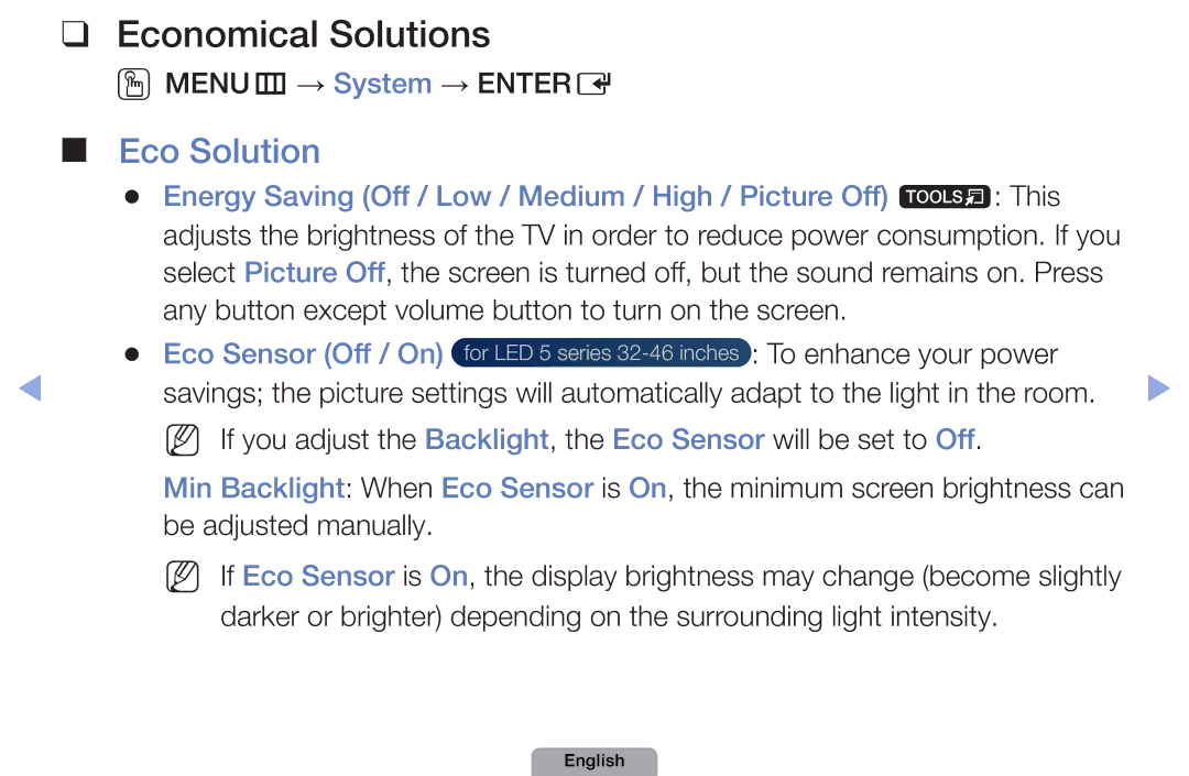 Samsung UA37D5000PRCXA, UA37D5000PRXRQ, UA37D5000PRXUM manual Economical Solutions, Eco Solution, OOMENUm → System → Entere 