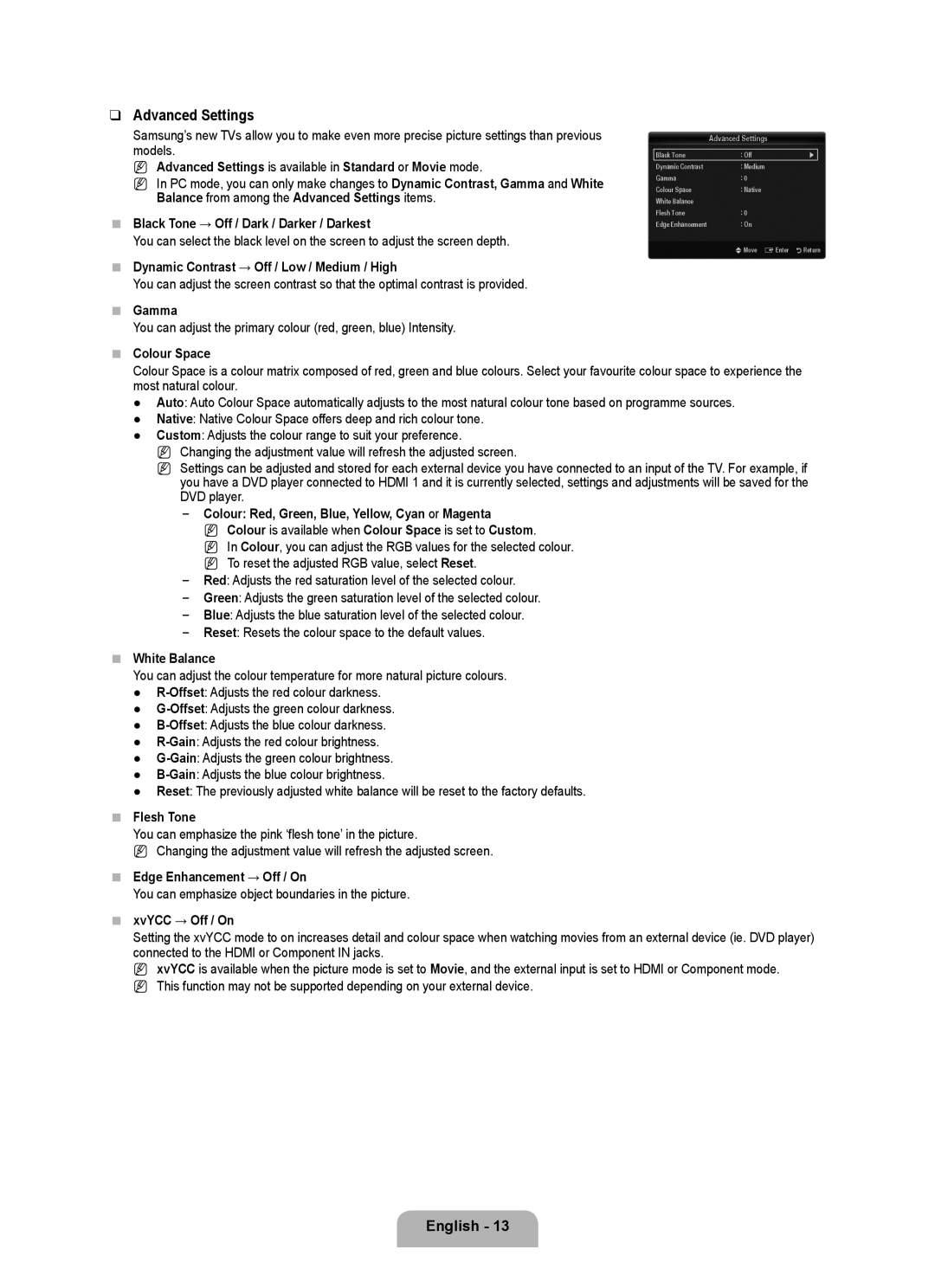 Samsung UA40B6000VRXXP manual Advanced Settings 