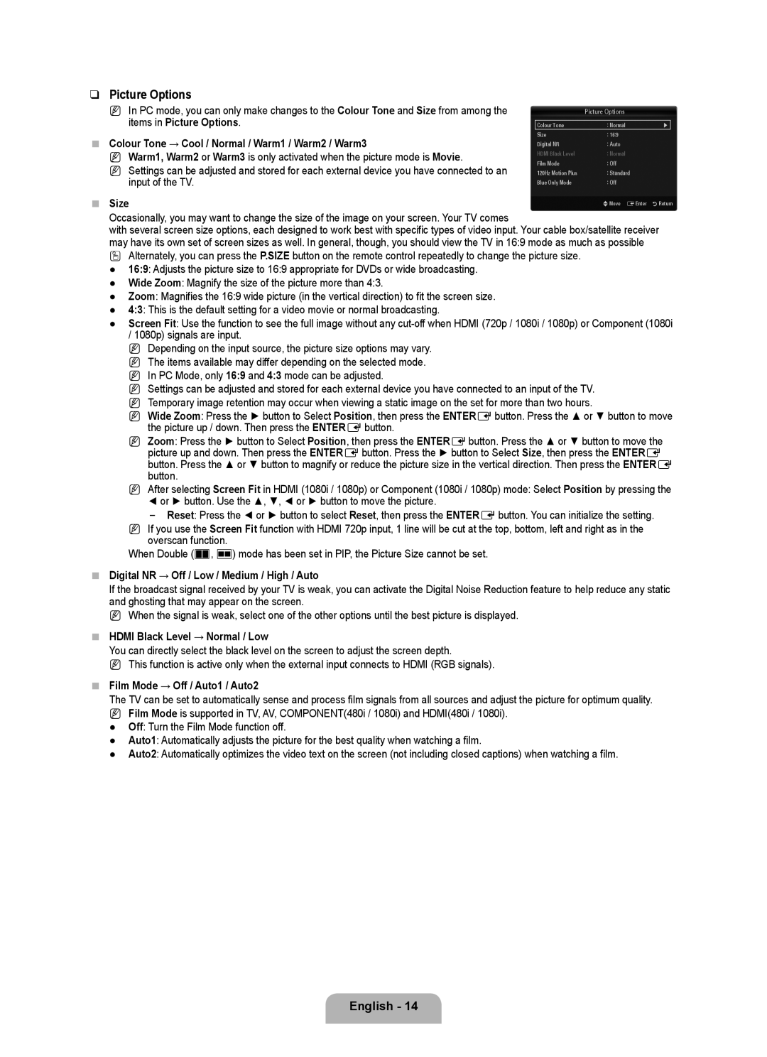 Samsung UA40B6000VRXXP manual Picture Options, 1080p signals are input, Digital NR → Off / Low / Medium / High / Auto 