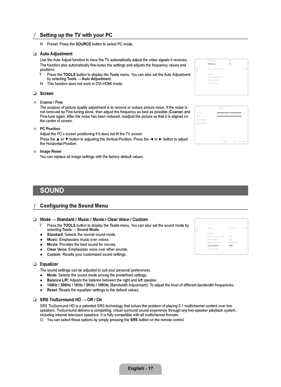 Samsung UA40B6000VRXXP manual Setting up the TV with your PC, Configuring the Sound Menu 