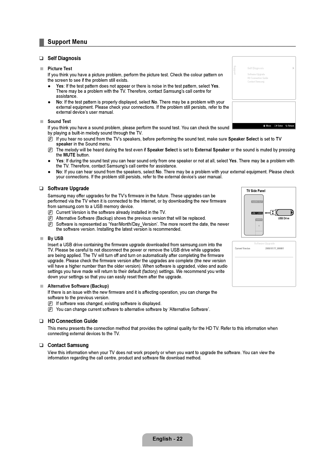 Samsung UA40B6000VRXXP manual Software Upgrade, HD Connection Guide, Contact Samsung, By USB Alternative Software Backup 