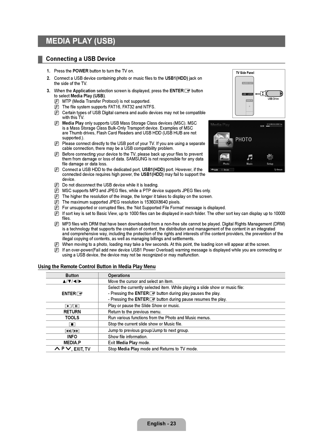 Samsung UA40B6000VRXXP manual Media Play USB, Connecting a USB Device, Using the Remote Control Button in Media Play Menu 