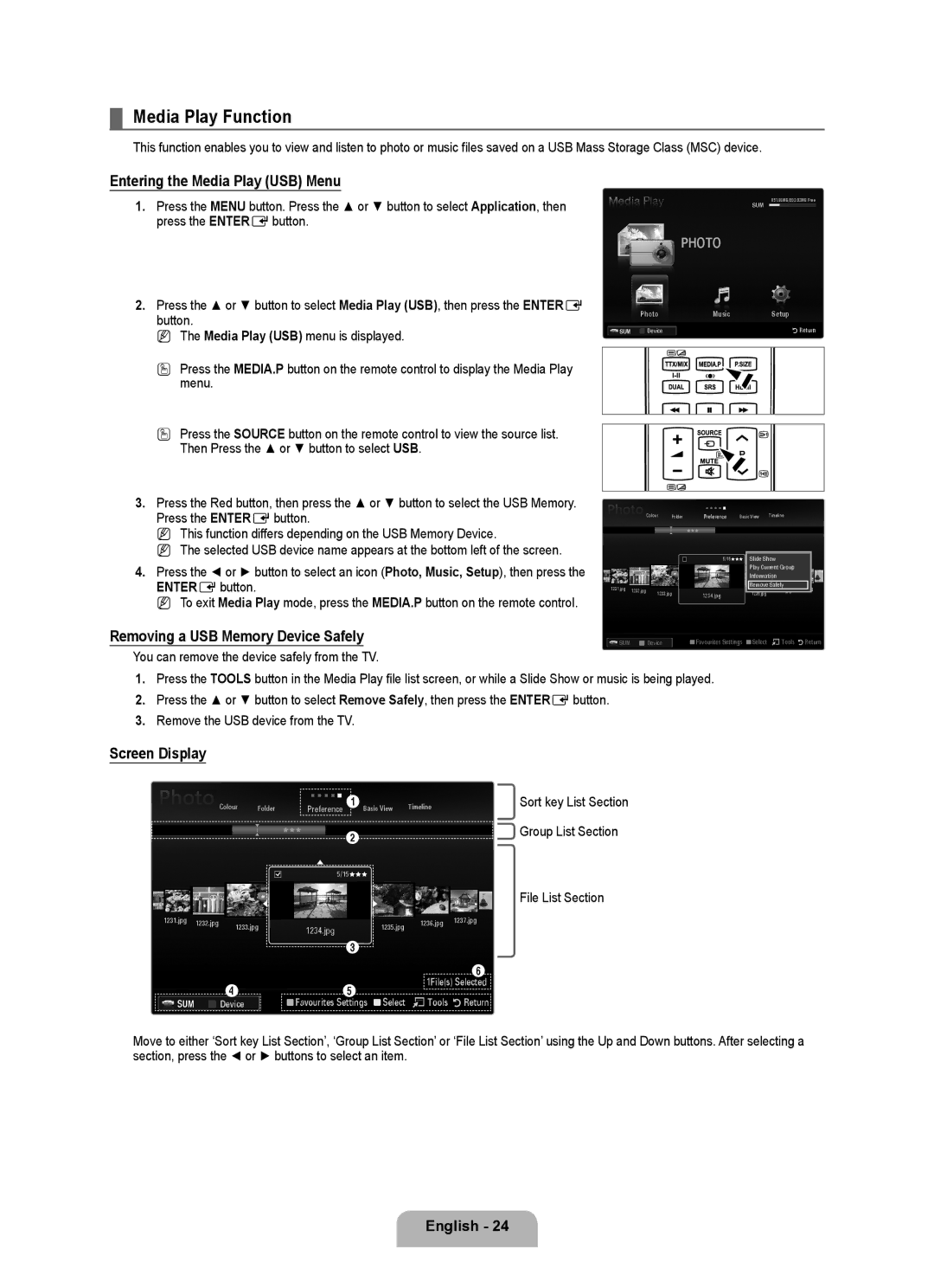 Samsung UA40B6000VRXXP manual Media Play Function, Entering the Media Play USB Menu, Removing a USB Memory Device Safely 