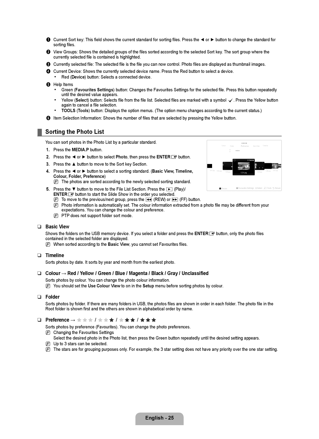 Samsung UA40B6000VRXXP manual Sorting the Photo List, Basic View, Timeline, Folder, Preference → FFF / FFF / FFF / FFF 