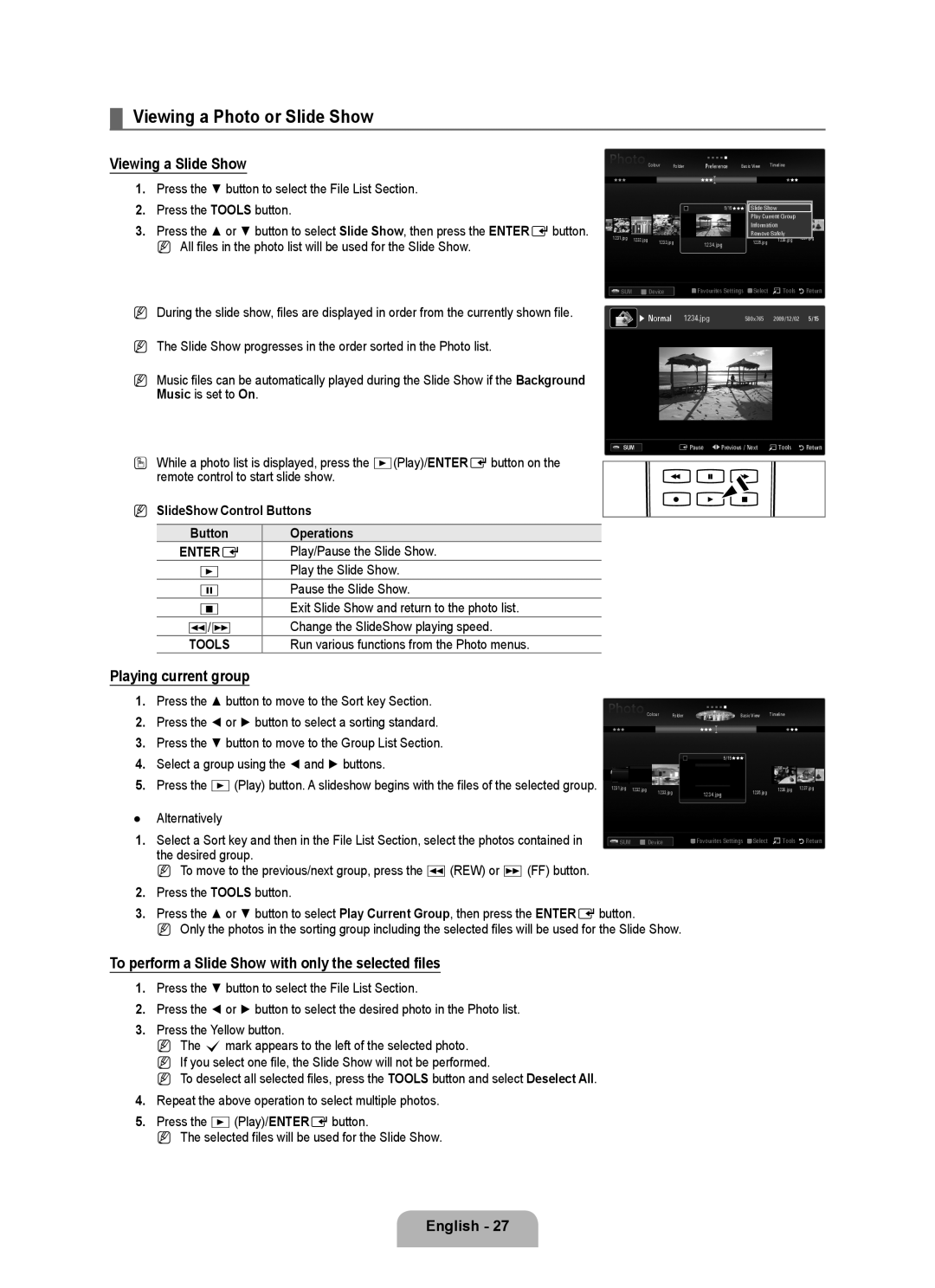 Samsung UA40B6000VRXXP manual Viewing a Photo or Slide Show, Viewing a Slide Show, Playing current group, English  