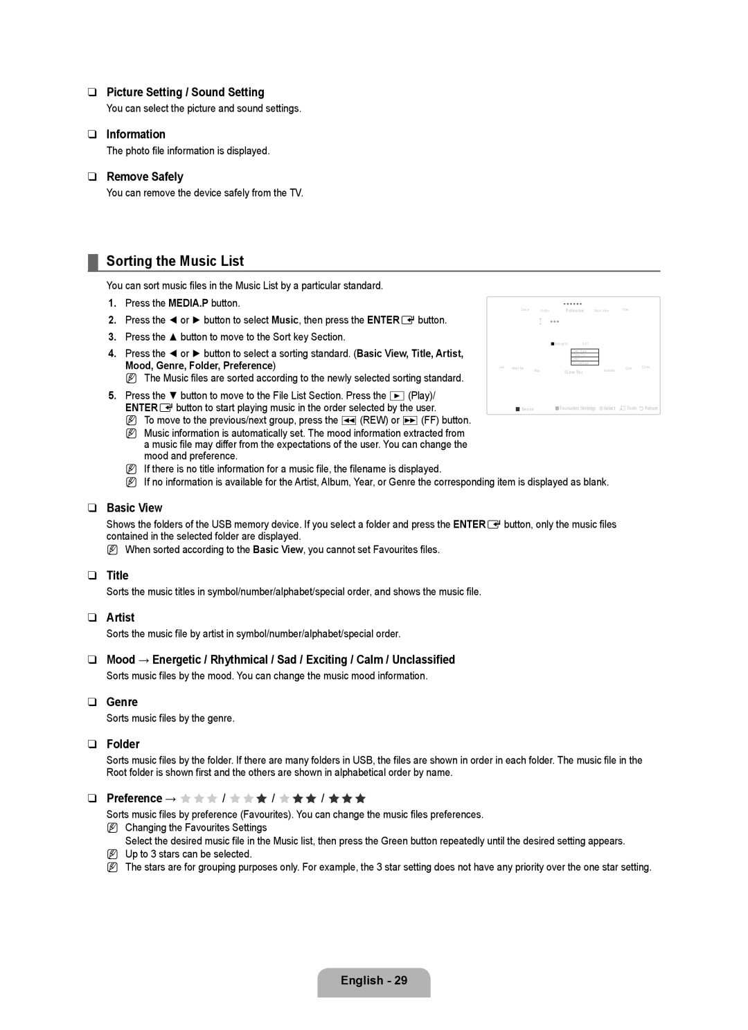 Samsung UA40B6000VRXXP manual Sorting the Music List, Picture Setting / Sound Setting, Title, Artist, Genre 