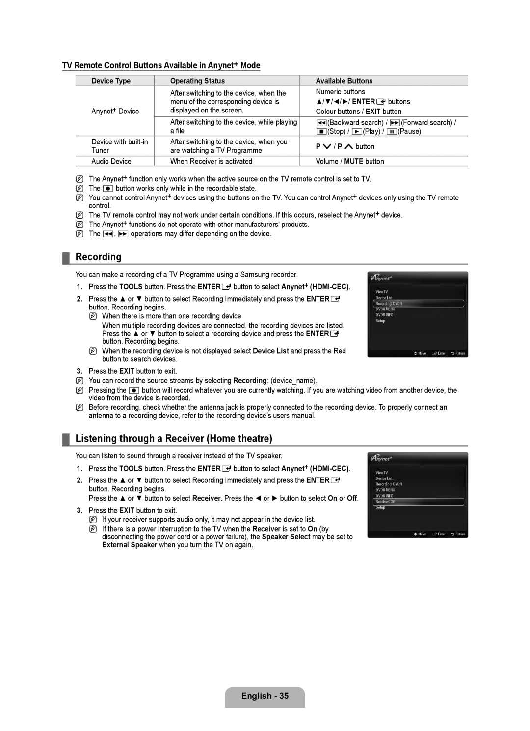 Samsung UA40B6000VRXXP manual Recording, Listening through a Receiver Home theatre 