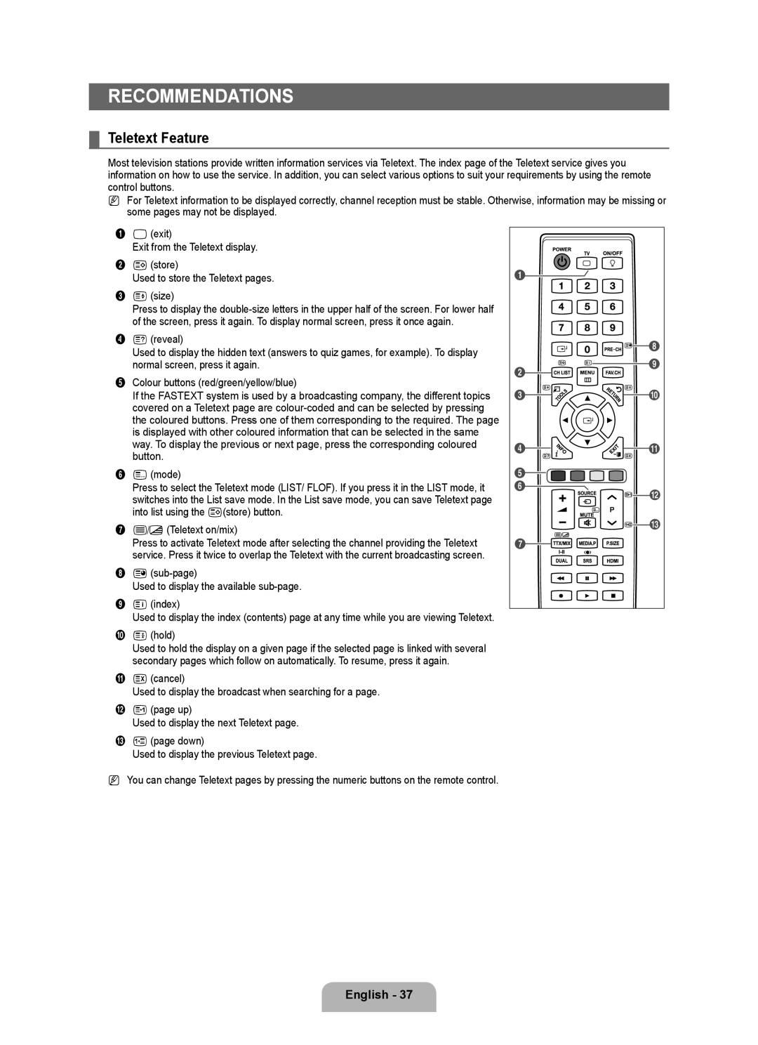 Samsung UA40B6000VRXXP manual Recommendations, Teletext Feature 