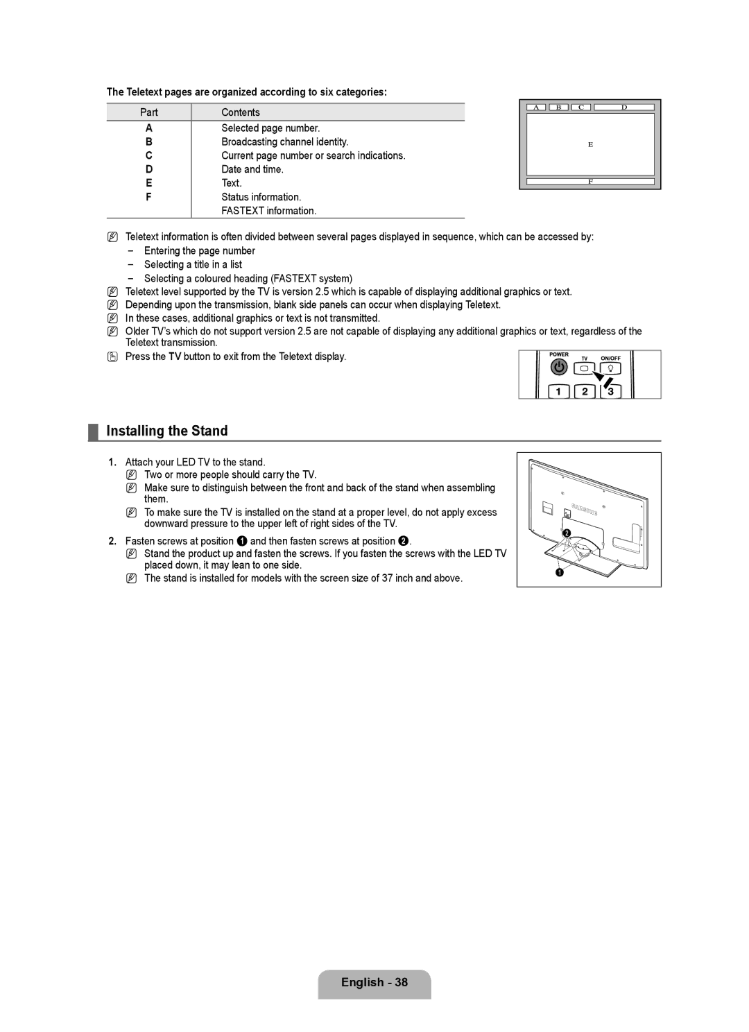 Samsung UA40B6000VRXXP manual Installing the Stand, Teletext pages are organized according to six categories, Part 